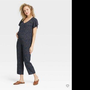 Black Flutter Short Sleeve Cropped Maternity Jumpsuit  - M